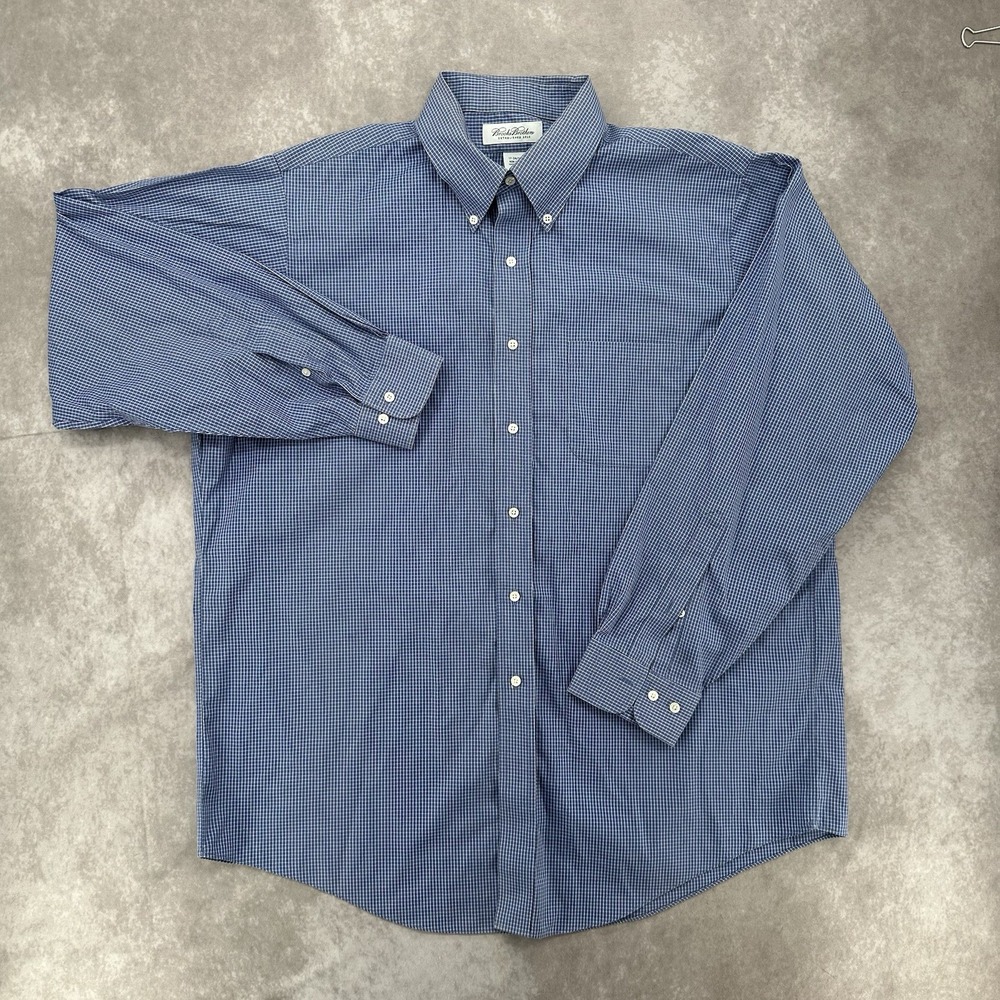 Brooks Brothers Non Iron Dress Shirt Mens 17 34/35 Blue Check Button Down